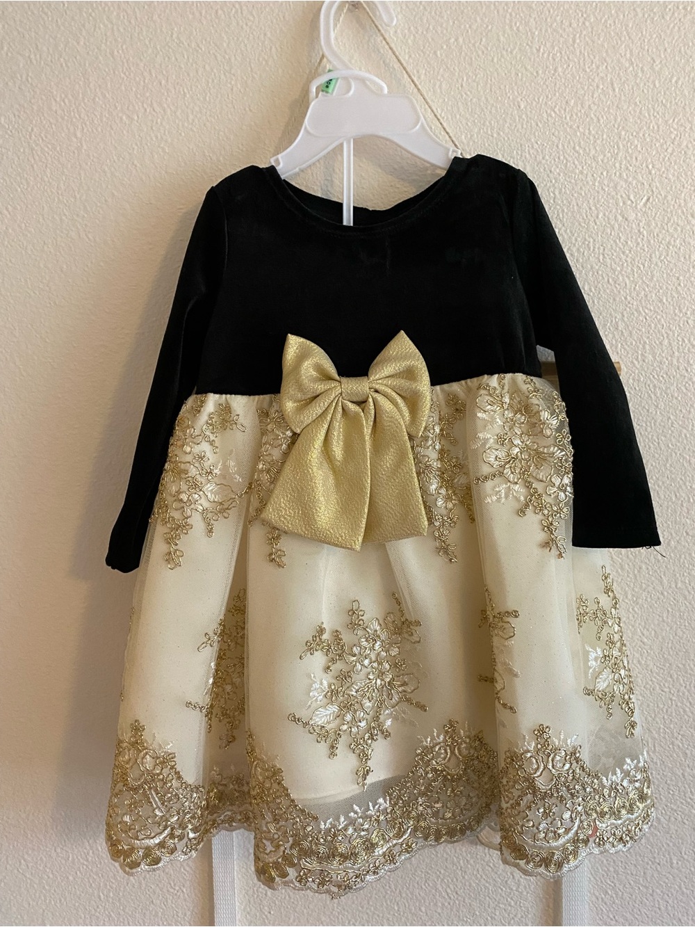 Rare Editions Black Velvet Bodice with Gold Lace Bow Party Dress